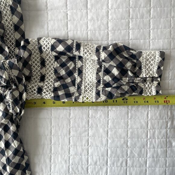 MARIE OLIVER Silk Blend Que Indigo Gingham Plaid Long Sleeve Ruffle Top L - Picture 13 of 15
